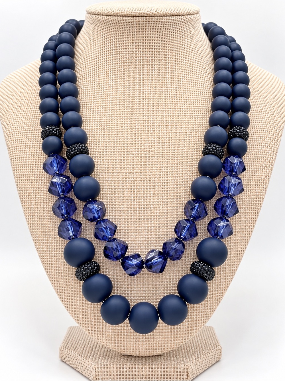 Signed Navy Blue Multi Strand Beaded Statement Necklace Crystal Pavé
